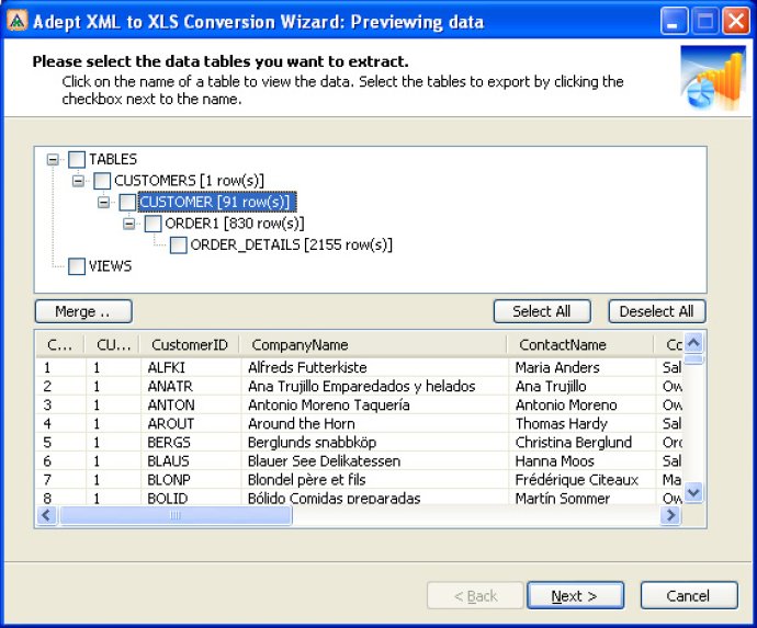 Adept XML to XLS Conversion Wizard