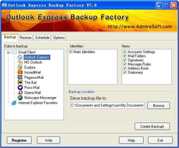 Outlook Express Backup Factory Version2.8