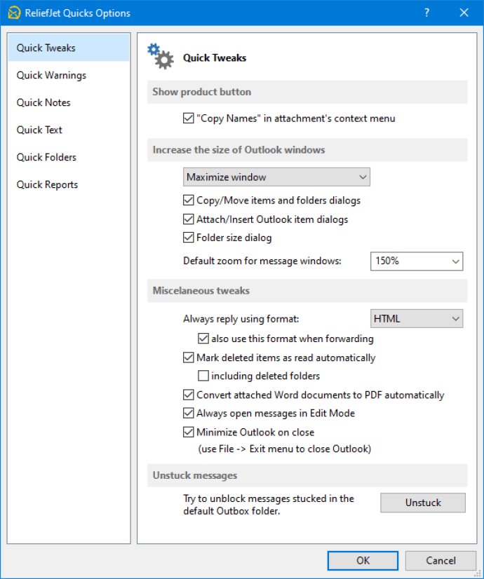 ReliefJet Quick Tweaks for Outlook