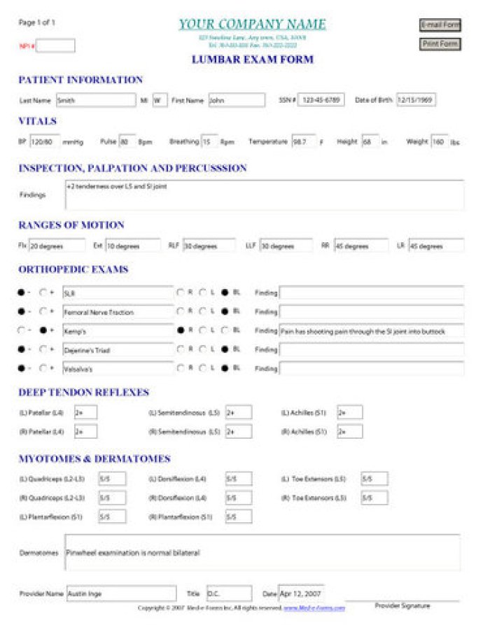 Lumbar Exam Form - Sample