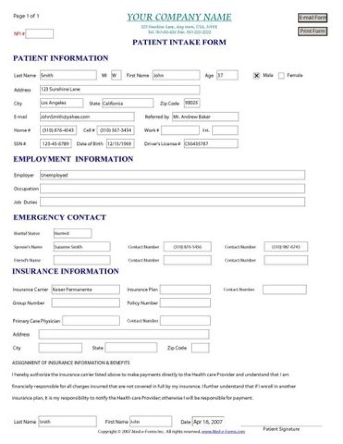 Patient Intake Form - Sample