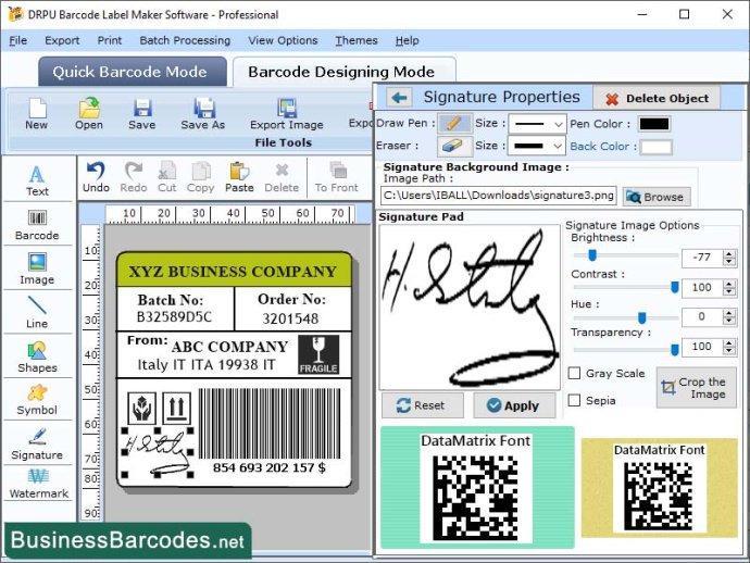 Printing Data Matrix Barcode Label App