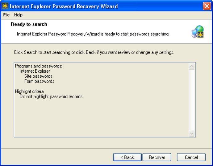 Internet Explorer Password Recovery Wizard