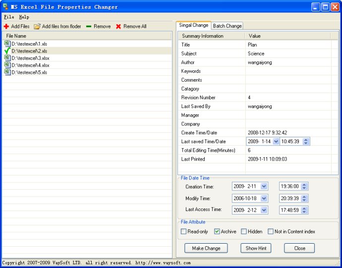 MS Excel File Properties Changer