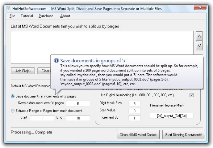 Split Divide and Save Pages MSWord